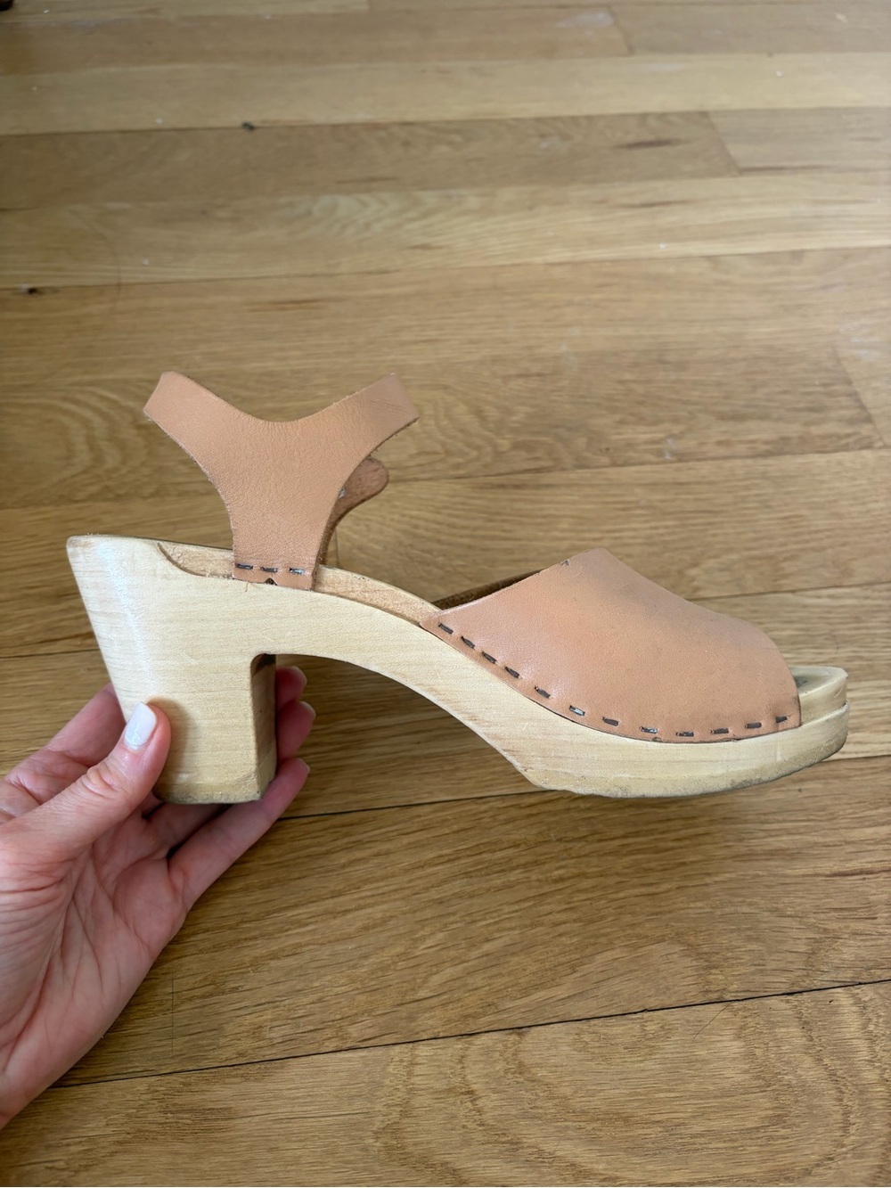 No. 6 Women’s Tan Leather Wooden Heel Clog Sandals